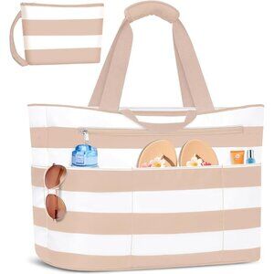 Women's Khaki White Waterproof Sandproof XL Tote Zipper Foldable Beach Bags